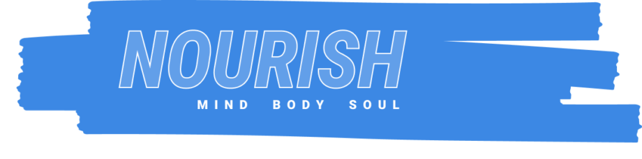 Blue brushstroke with "NOURISH" mind body soul