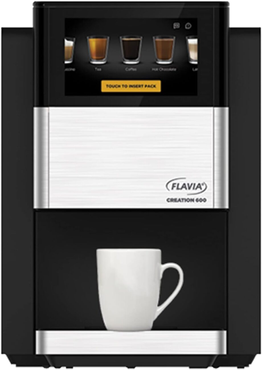 Touchscreen coffee machine with white mug